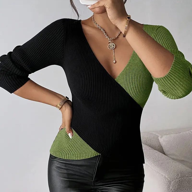 Sweater V Neck Cross Front Color Block Knit Top Women