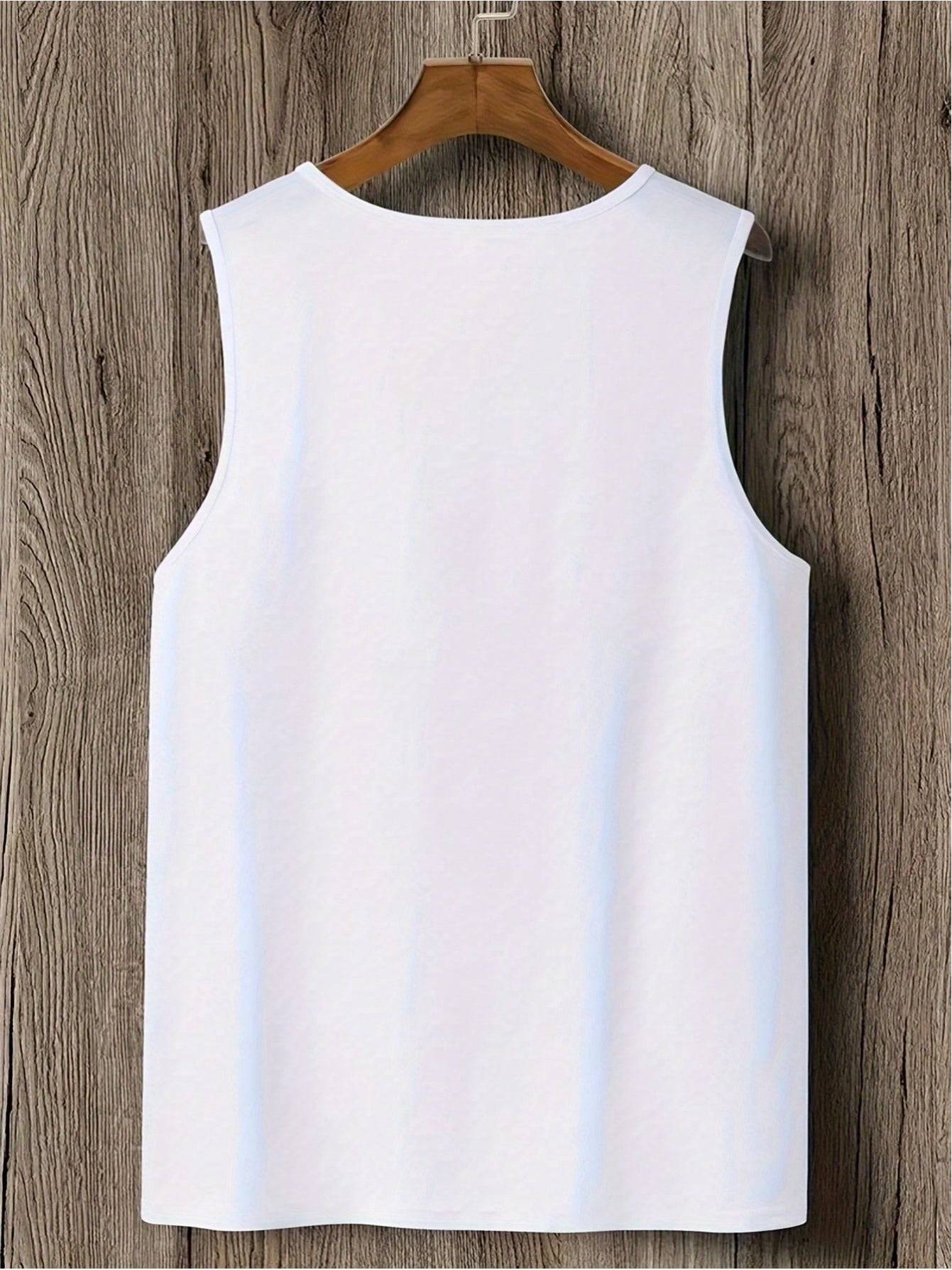 Men’s Sleeveless Tank Top Cotton Round Neck Beach Print Loose Fit for Gym & Outdoor