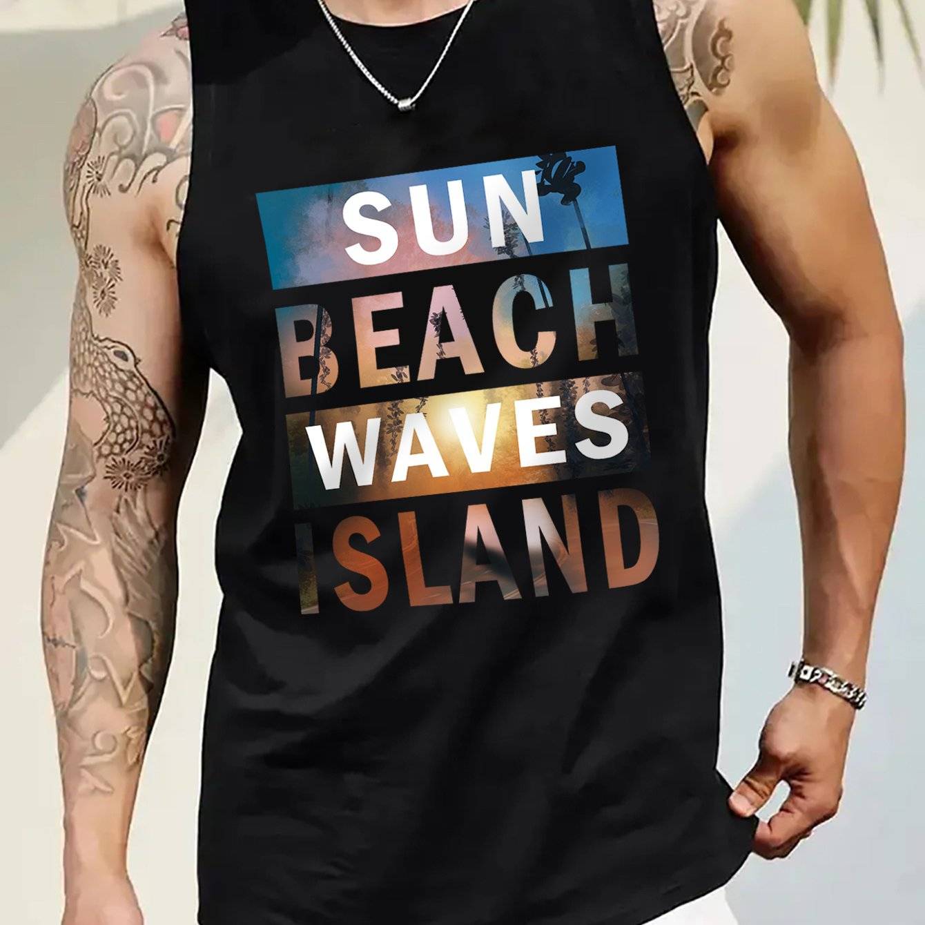 Men’s Sleeveless Tank Top Cotton Crew Neck Island & Beach Wave Print Summer Casual Sport Style