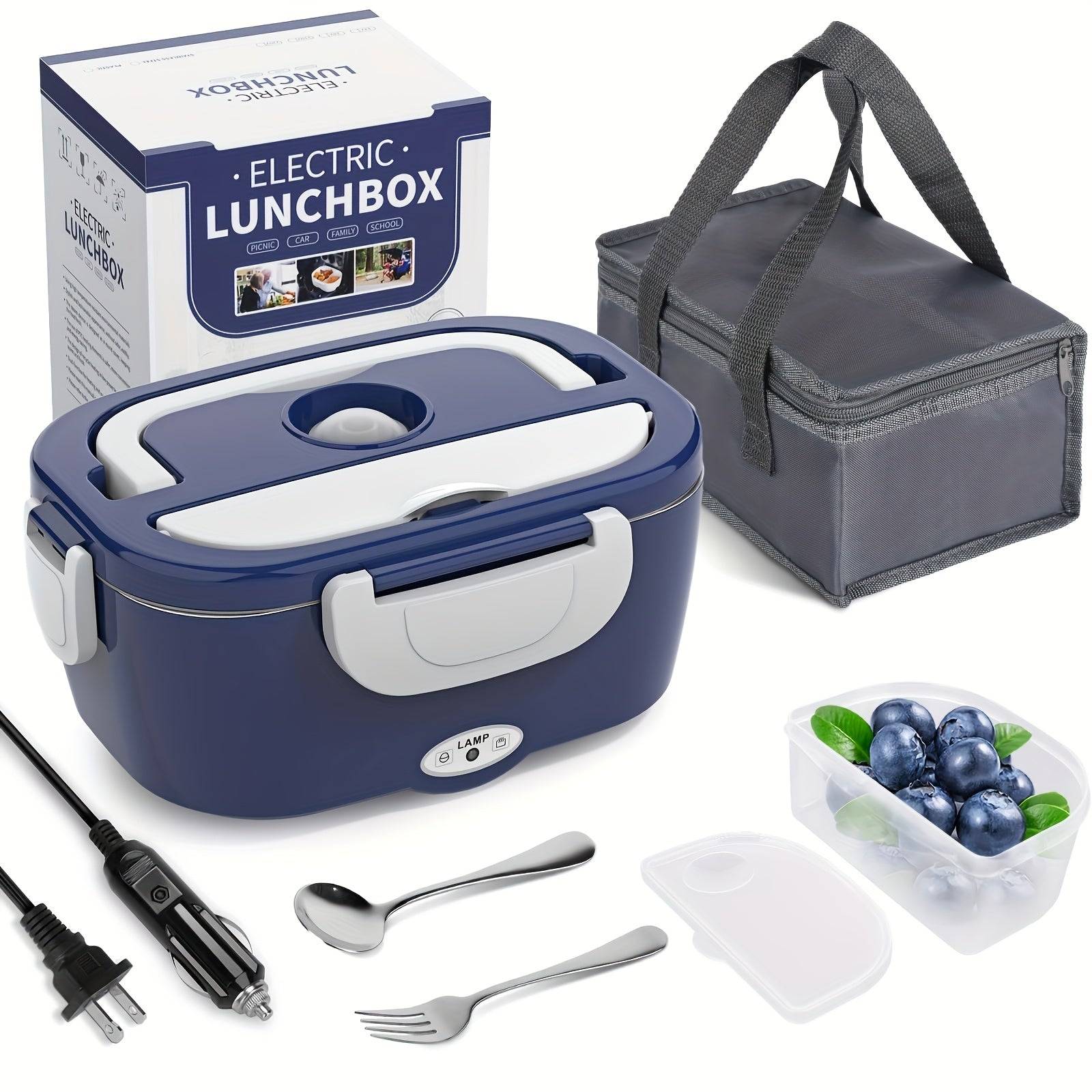 Electric Lunch Box Food Warmer 3-in-1 Portable Heated Lunchbox for Adults 12V/24V/110V with Fork, Spoon & Insulated Carry Bag for Car, Truck & Office