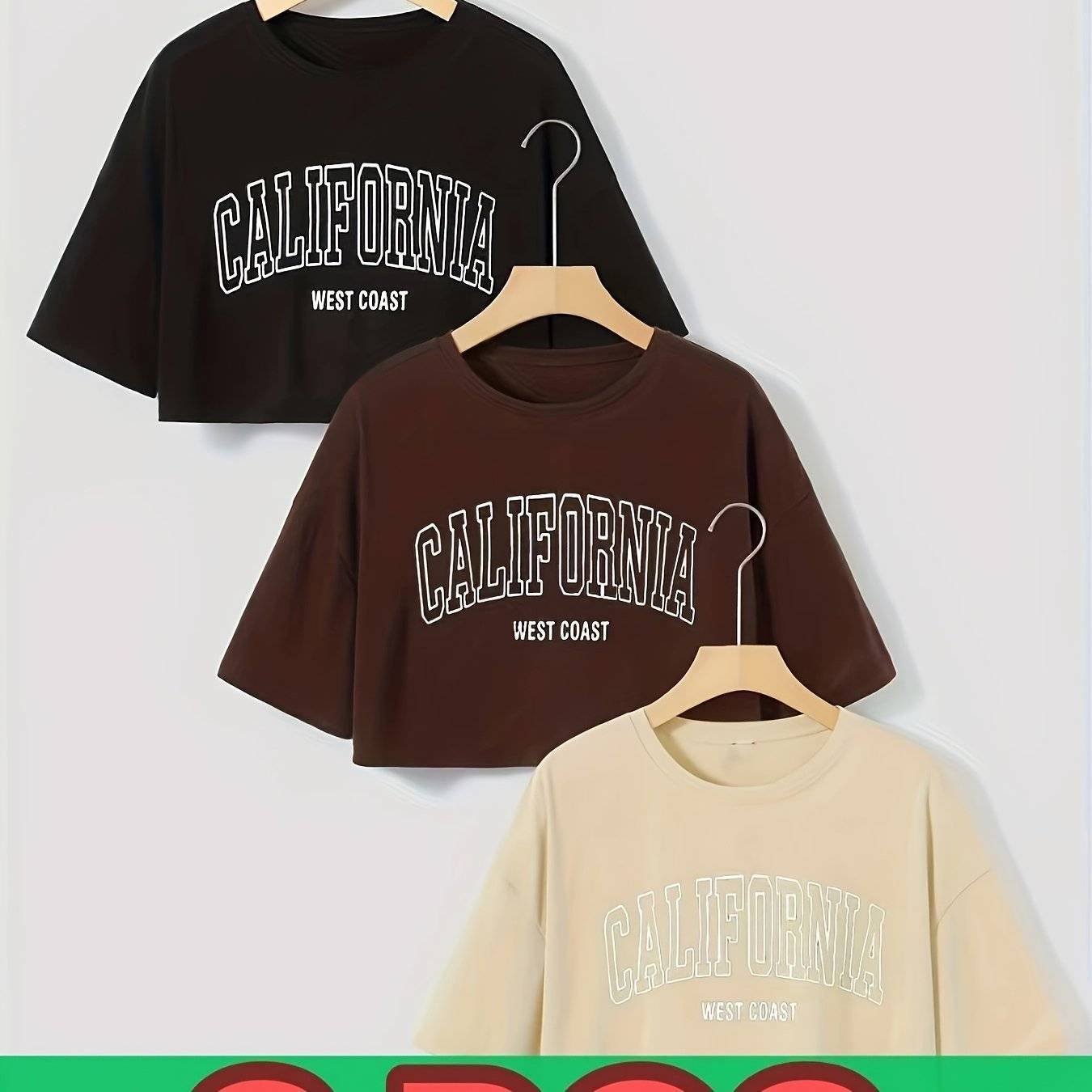 3-Pack Women’s Graphic Crop Tops California West Coast Print Tees with Round Neck & Short Sleeves