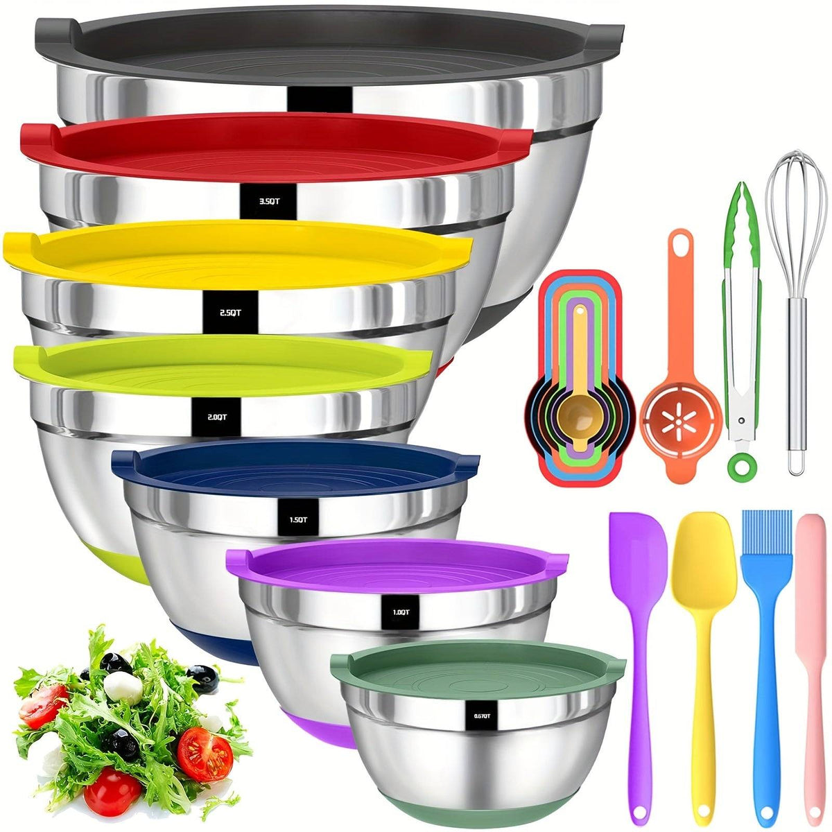 20pcs Stainless Steel Mixing Bowls Set with Lids Non-Slip Silicone Base Multiple Sizes for Baking, Serving & Prep