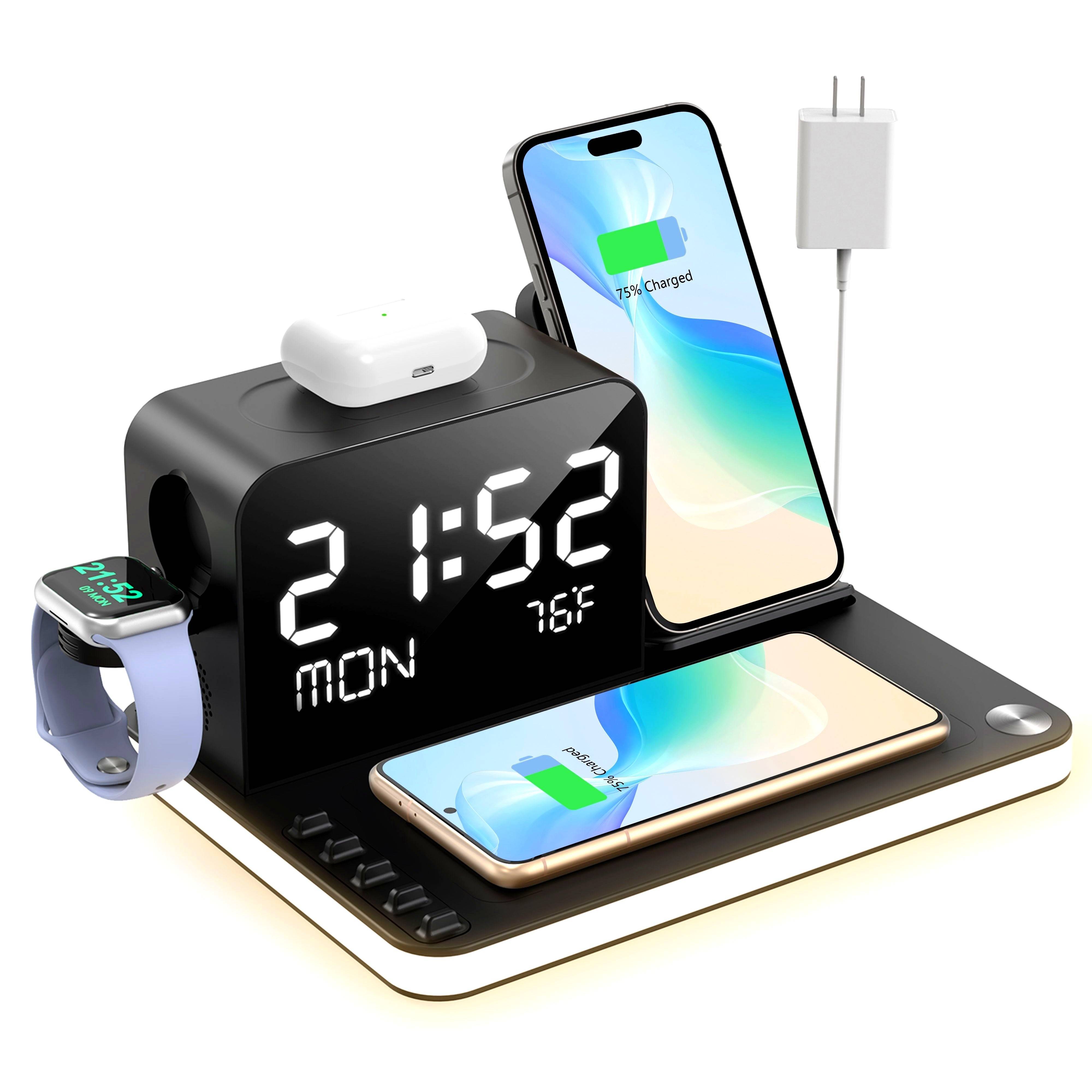 7-in-1 Wireless Charging Station with Night Light, Dual Phone Dock, Fast Charger for iPhone, AirPods & iWatch, 30W Adapter, USB-C & USB-A Outputs