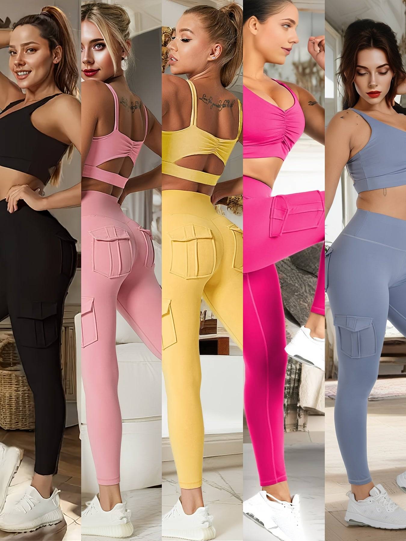 5-Pack Women's High-Waist Leggings with 4 Pockets, Butt-Lifting Tummy Control Workout Pants, 4-Way Stretch Cargo Sports Leggings Set