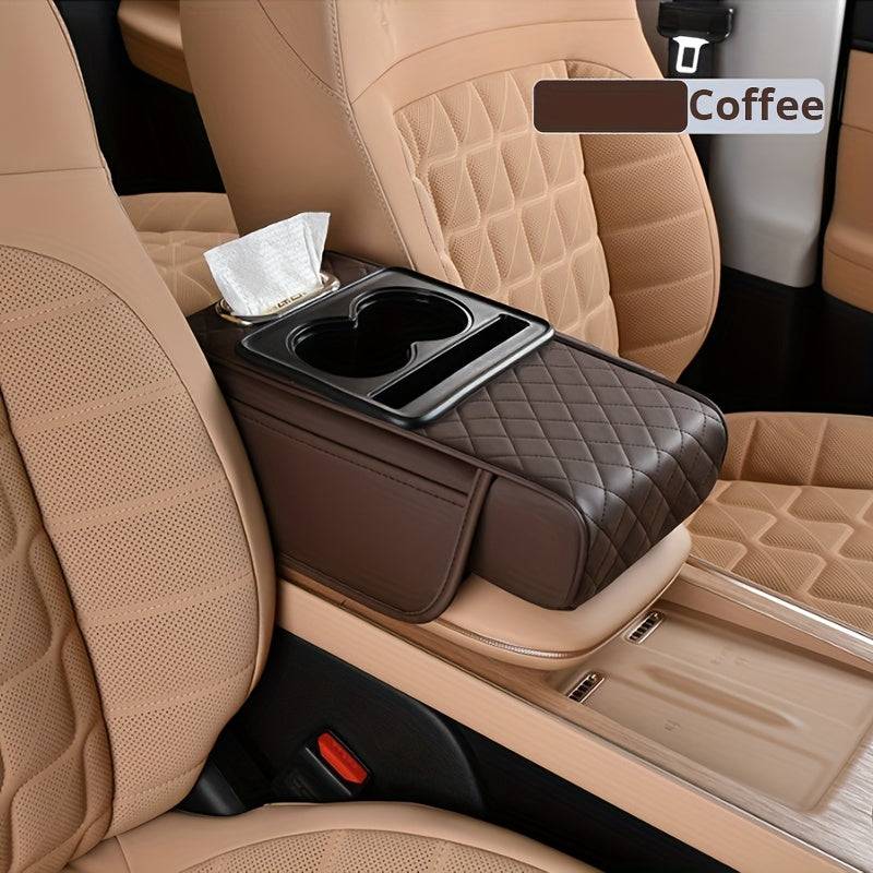 Universal Car Center Console Organizer with 2 Cup Holders and 2 Pockets, Faux PU Leather Armrest Cover with Multifunctional Storage for Phone and Accessories
