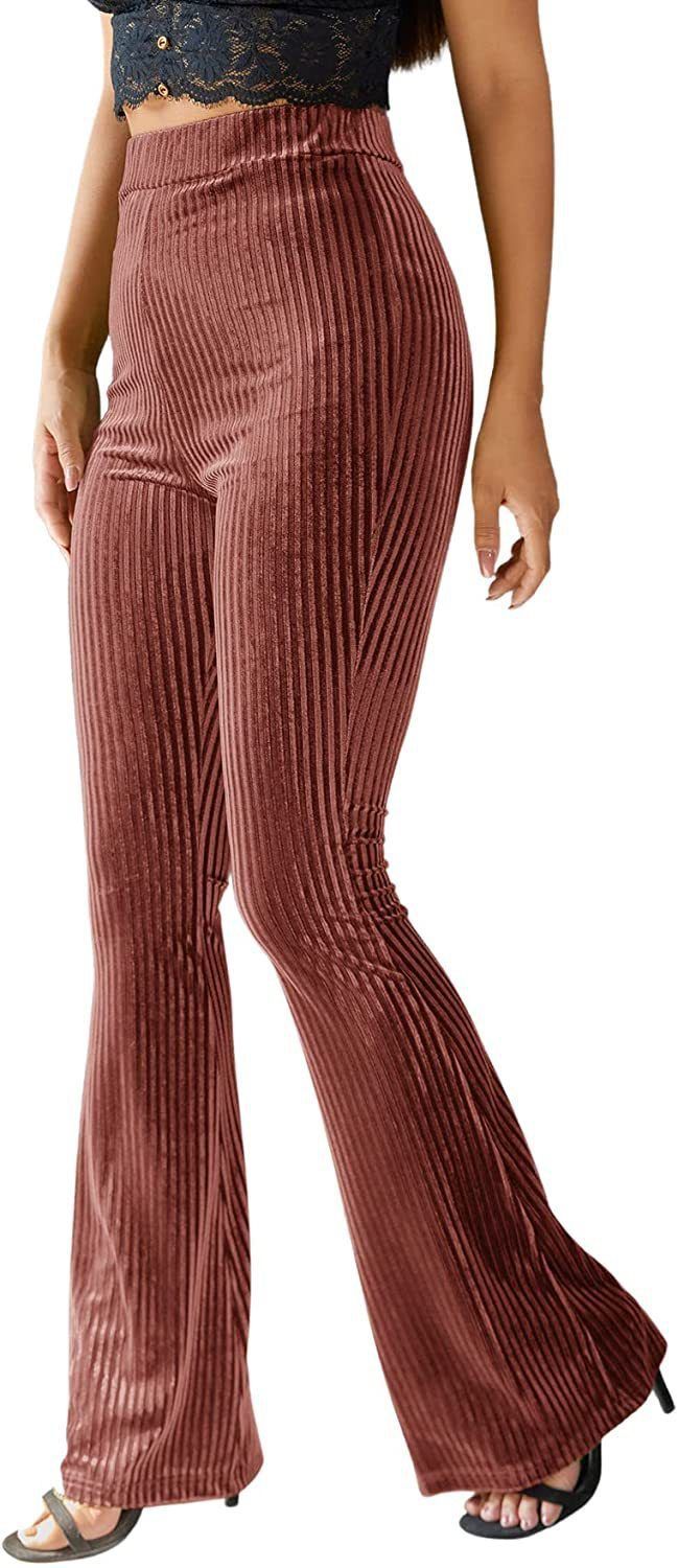 Women’s High Waist Flare Pants Gold Velvet Ribbed Striped Solid Color Slim Fit Trousers