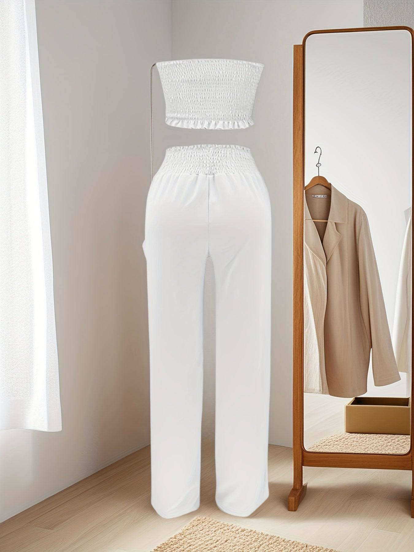 Women’s Spring & Summer 2-Piece Set – Strapless Bow-Tie Top and White Polyester Outfit for Casual & Elegant Wear