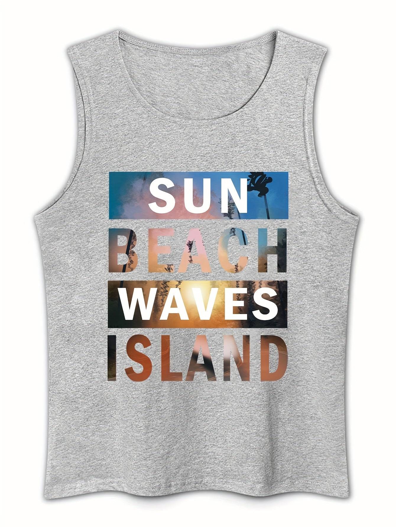 Men’s Sleeveless Tank Top Cotton Crew Neck Island & Beach Wave Print Summer Casual Sport Style