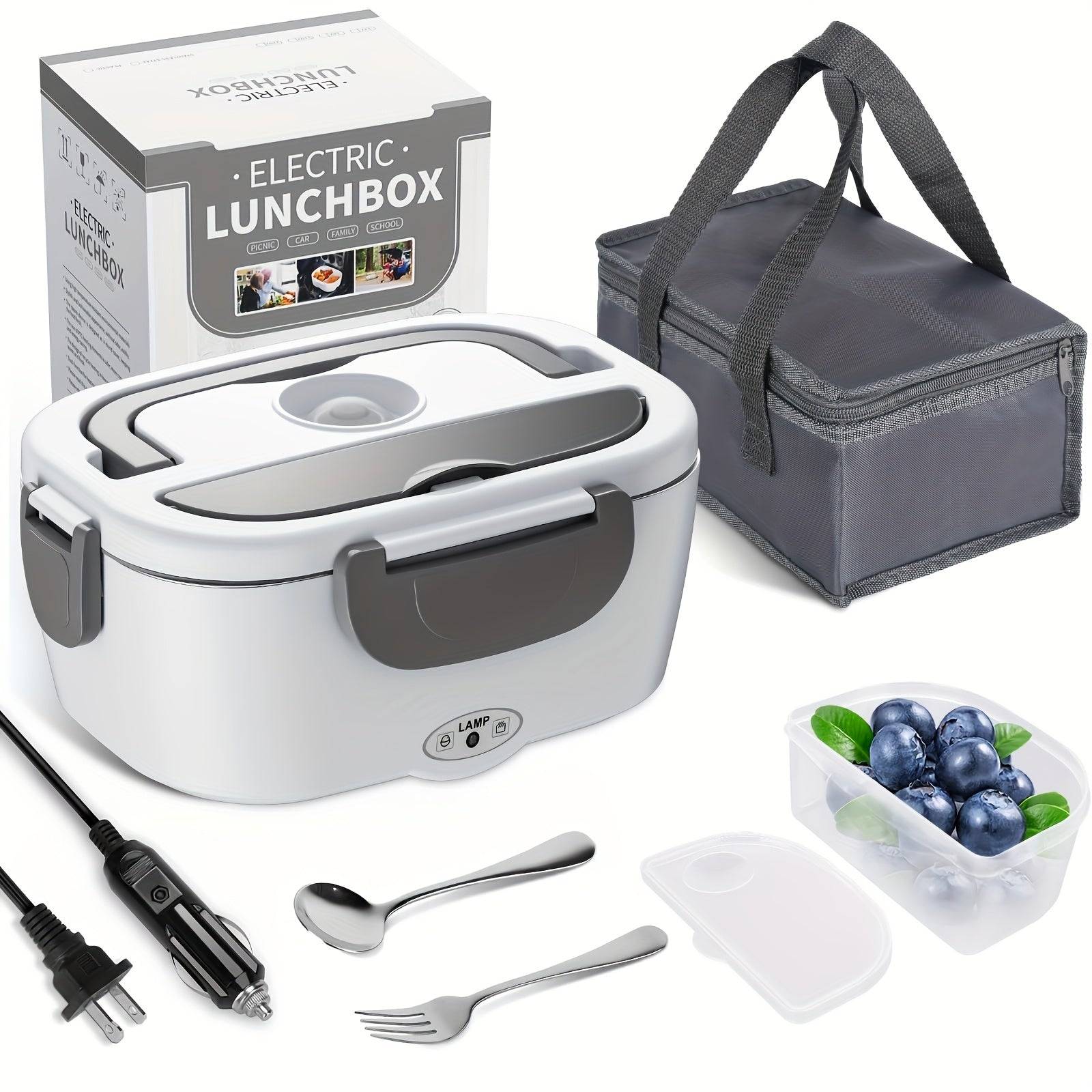 Electric Lunch Box Food Warmer 3-in-1 Portable Heated Lunchbox for Adults 12V/24V/110V with Fork, Spoon & Insulated Carry Bag for Car, Truck & Office