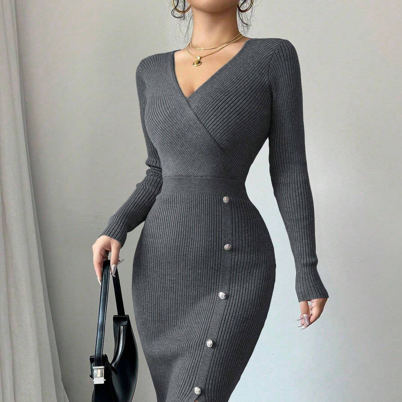 French Knit Bodycon Dress High Waist Long Sleeve Midi