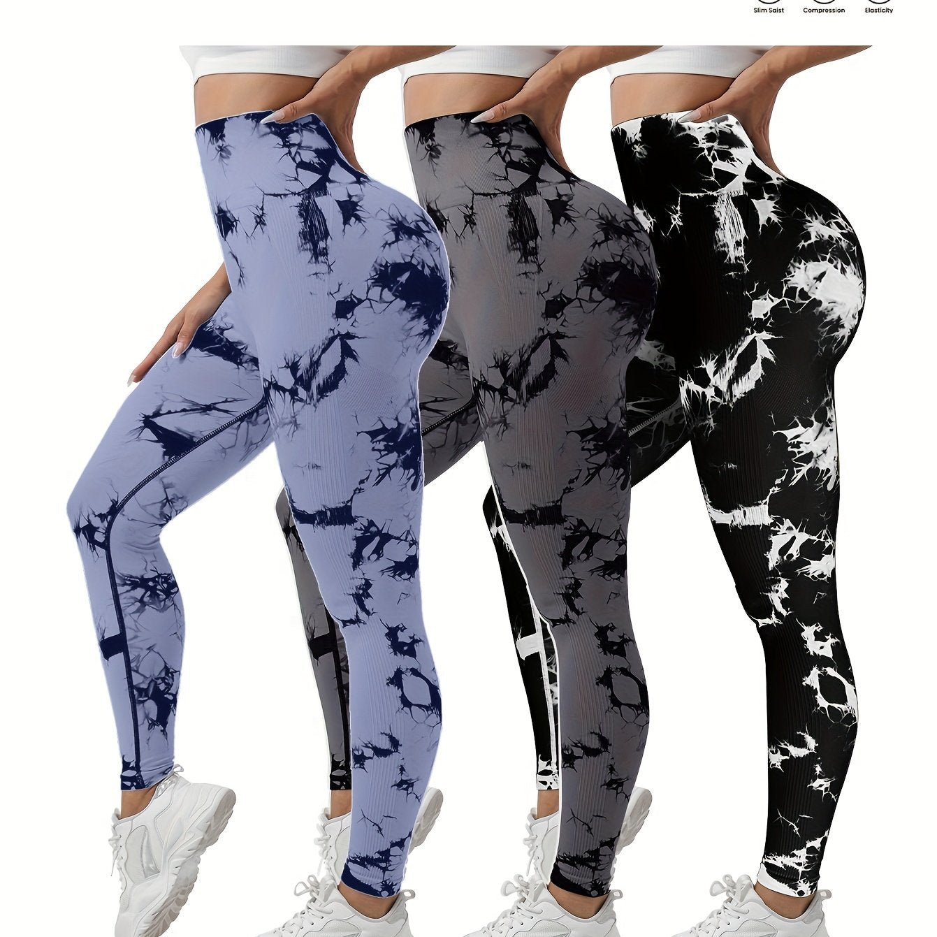 3-pack women’s seamless high-waisted tie-dye leggings, butt-lifting compression fit, multicolor 9/10 sports pants