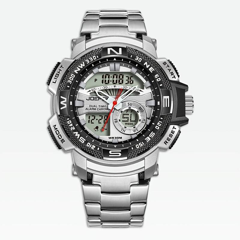 Men’s Gold-Tone Sport Watch – Dual Digital & Analog Display, LED Face, Stainless Steel Band, Stopwatch, Alarm & Calendar Function