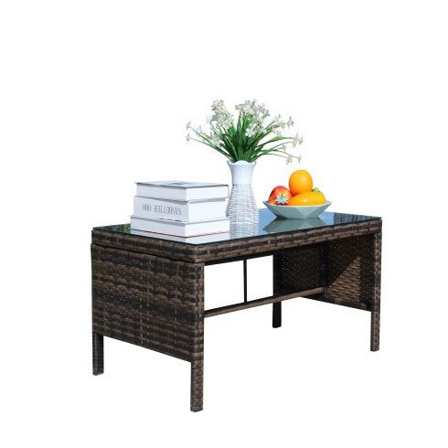 Coffee Table Rattan Outdoor with Tempered Glass