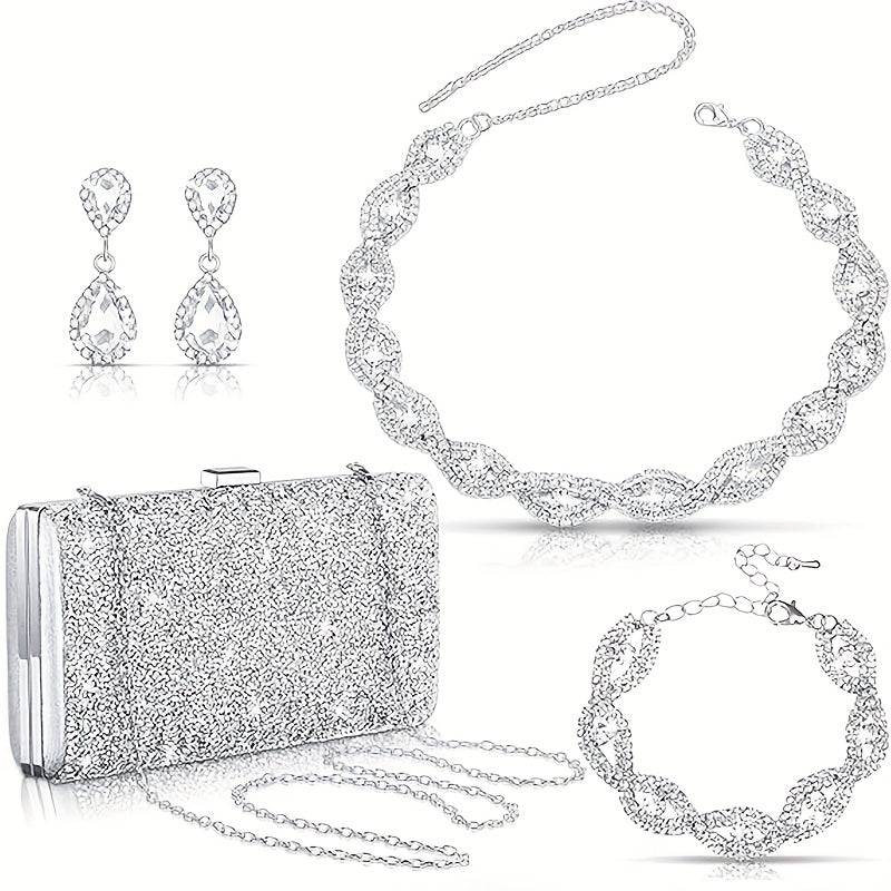 Twisted rhinestone necklace and bracelet with matching earrings and glitter clutch from the Luxury Evening Bag & Jewelry Set.
