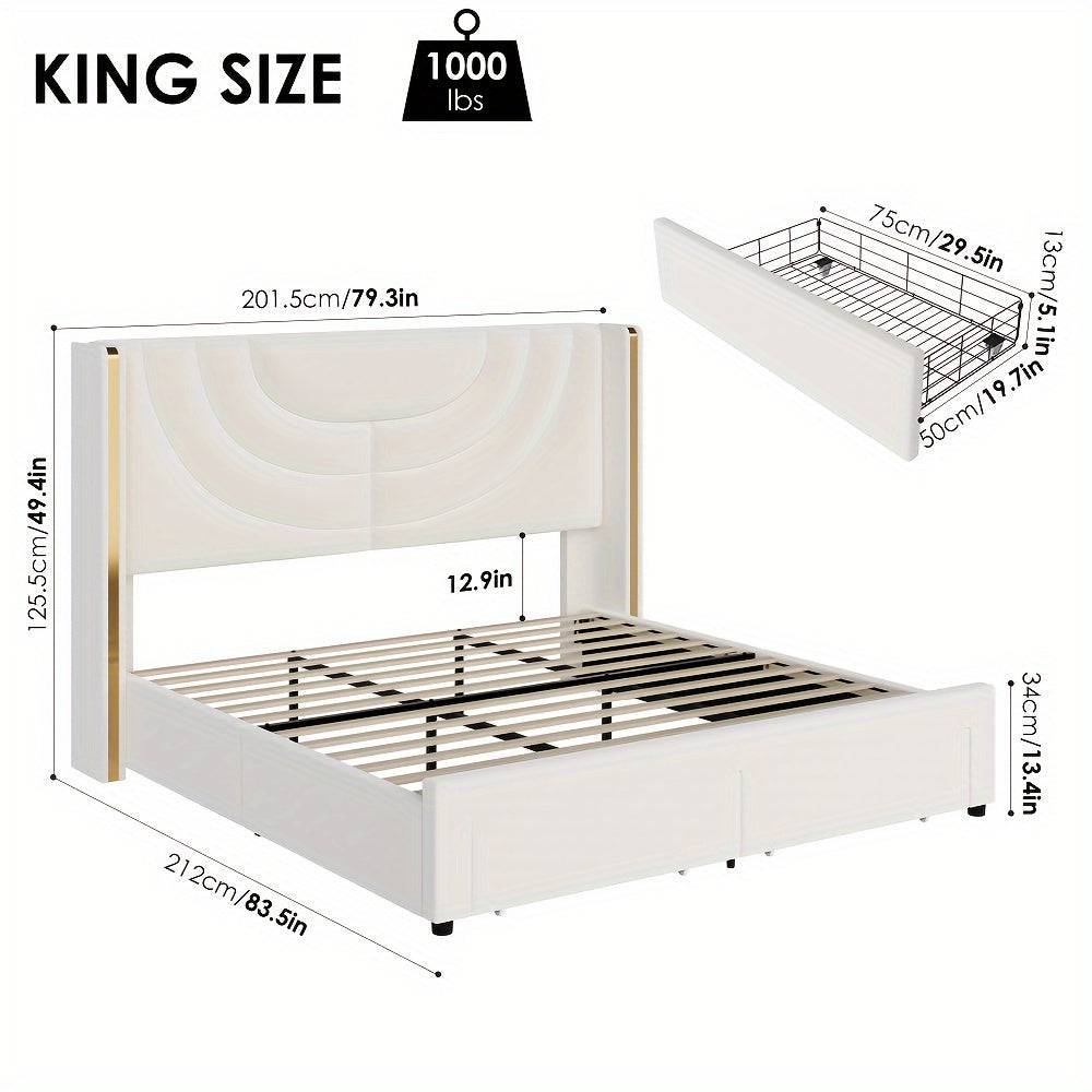Upholstered LED Bed Frame with Storage Drawers, Velvet Platform Bed with Wingback Headboard, Solid Wood Slats, Full/Queen/King Sizes