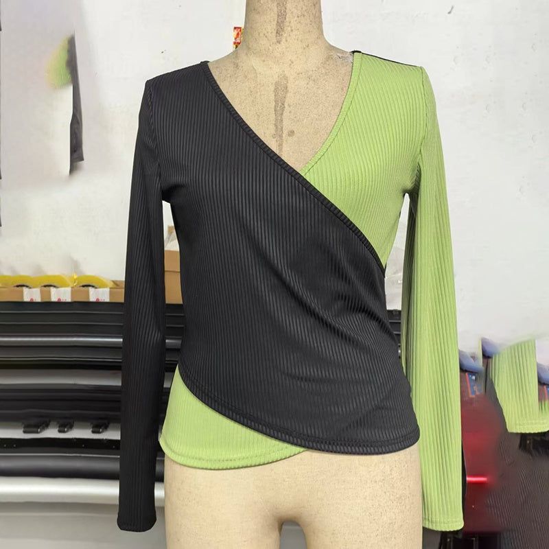 Sweater V Neck Cross Front Color Block Knit Top Women