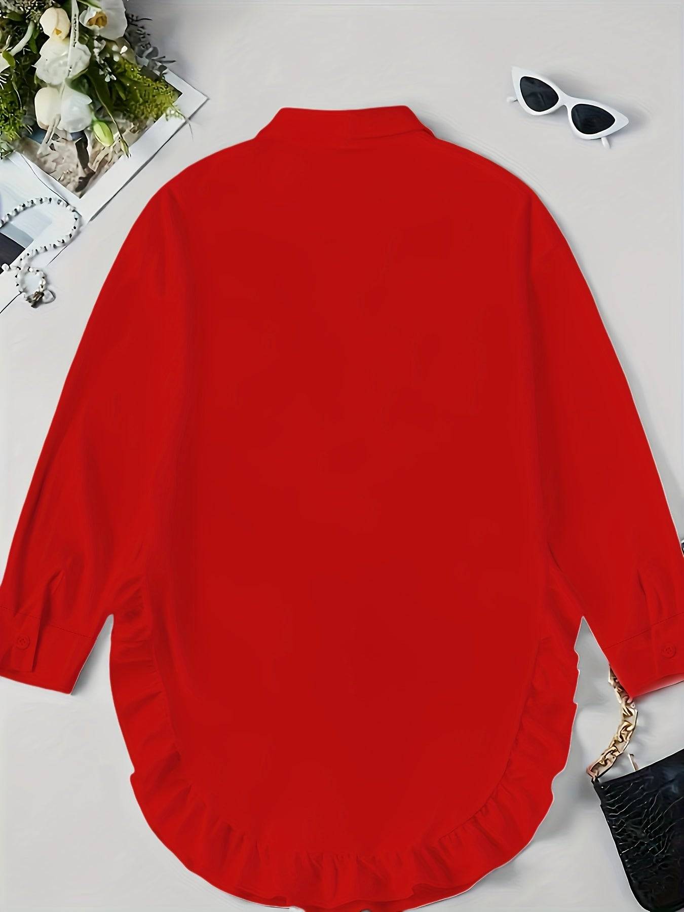 Women's Plus Size Casual Shirt - Solid Color Ruffle Hem