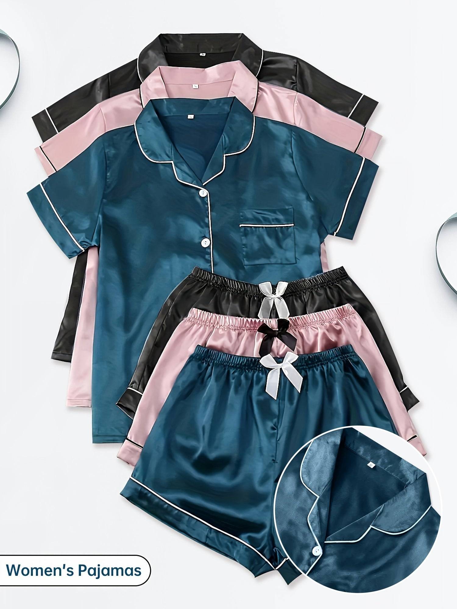 3-Piece Women's Satin Pajama Set – Short-Sleeve Lapel Top with Elastic Waist Shorts, Comfortable Loungewear for Home & Sleep