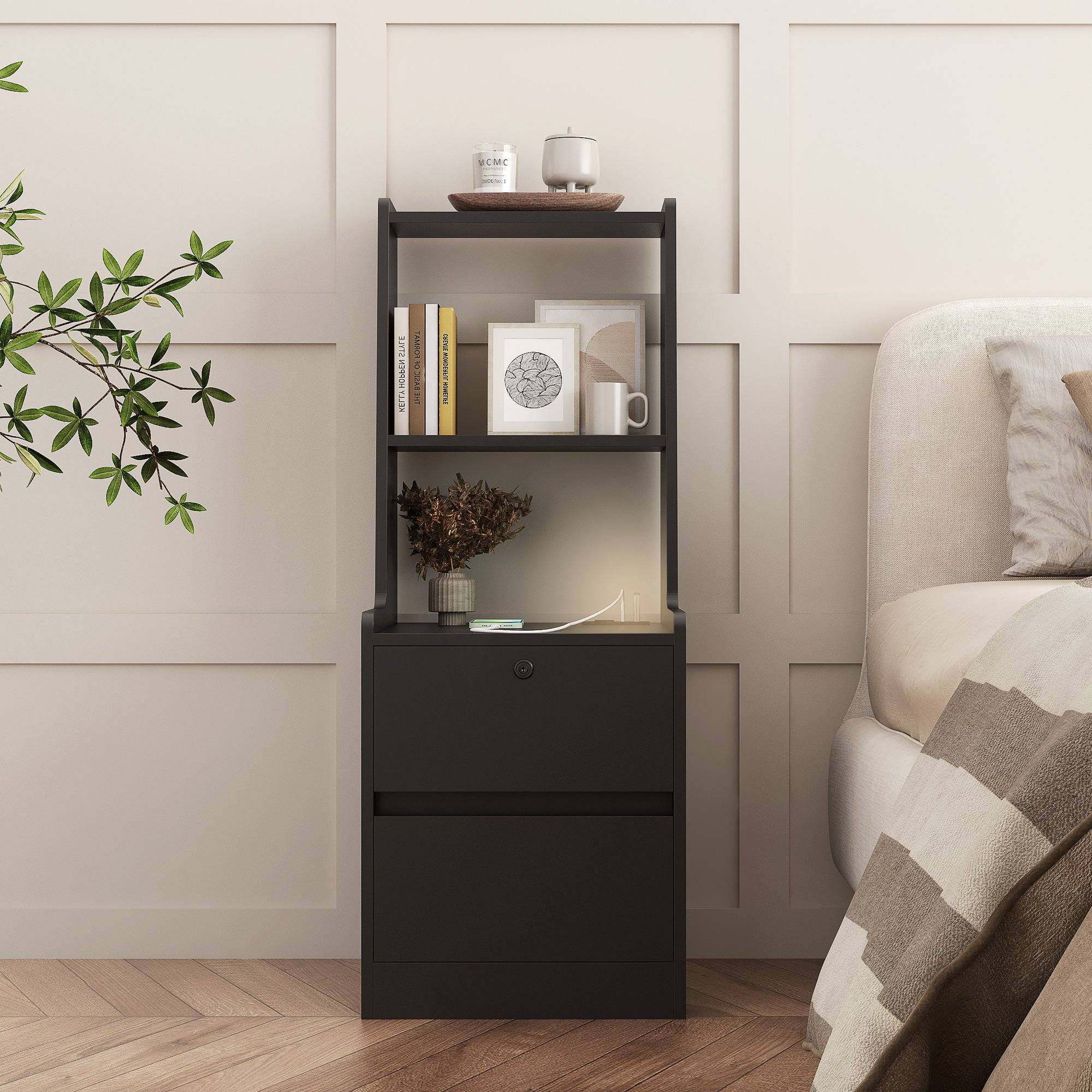 Smart Nightstand With Charging Station And Bookshelf