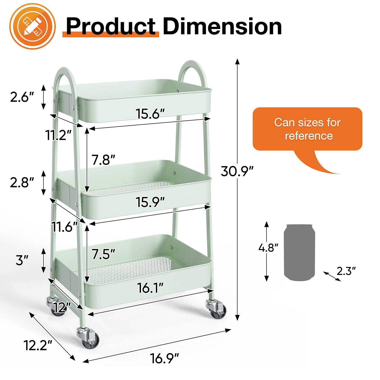 3 Tier Metal Storage Cart with Wheels