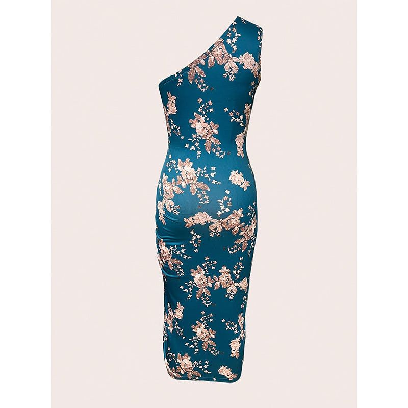 One Shoulder Floral Ruched Dress with High Split Hem