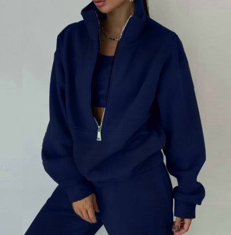 Women Two Piece Set Fleece Solid Color Casual Suit