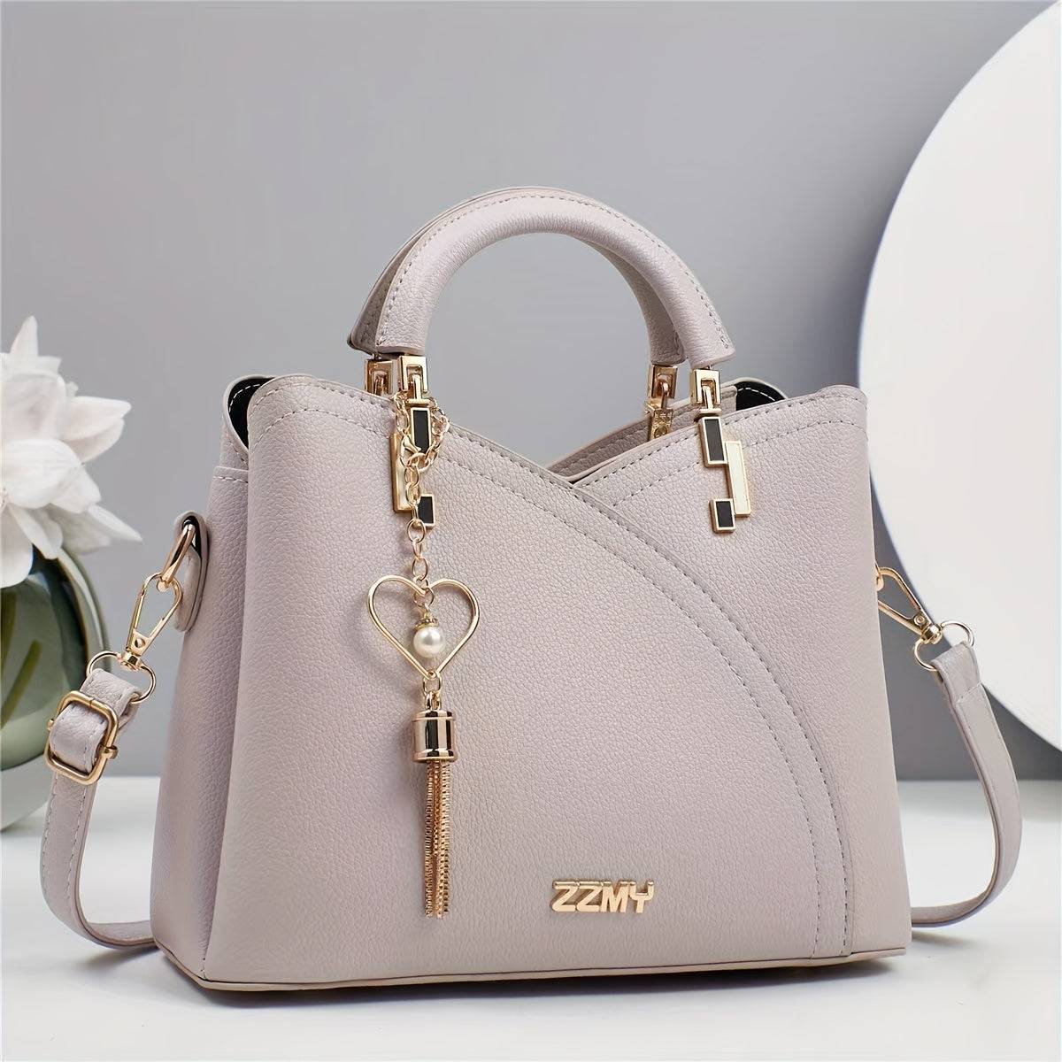 Elegant Women's Shoulder Bag with Heart Charm Lychee Texture Crossbody Strap & Magnetic Closure