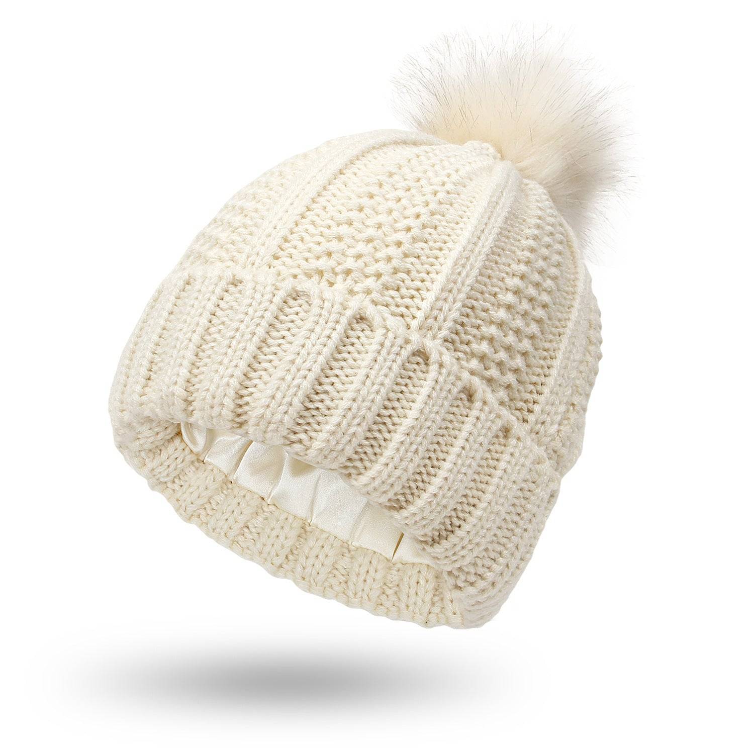 Womens Winter Hat Satin Lined Knit Beanie with Fur Pom