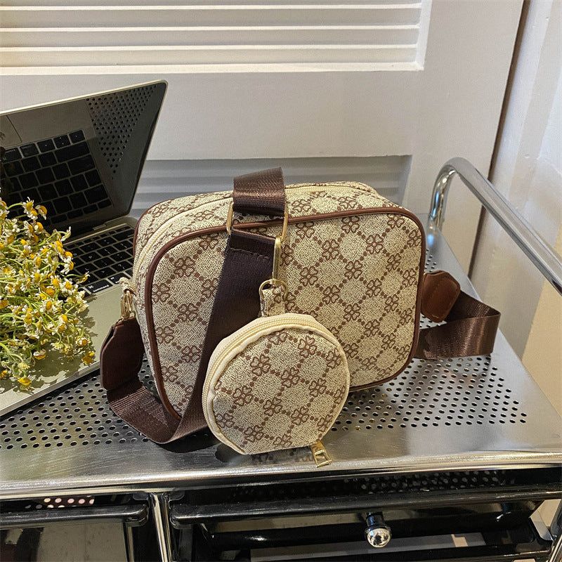 Women’s Vintage Crossbody Bag PU Leather Plaid Shoulder Handbag with Small Square Purse Set