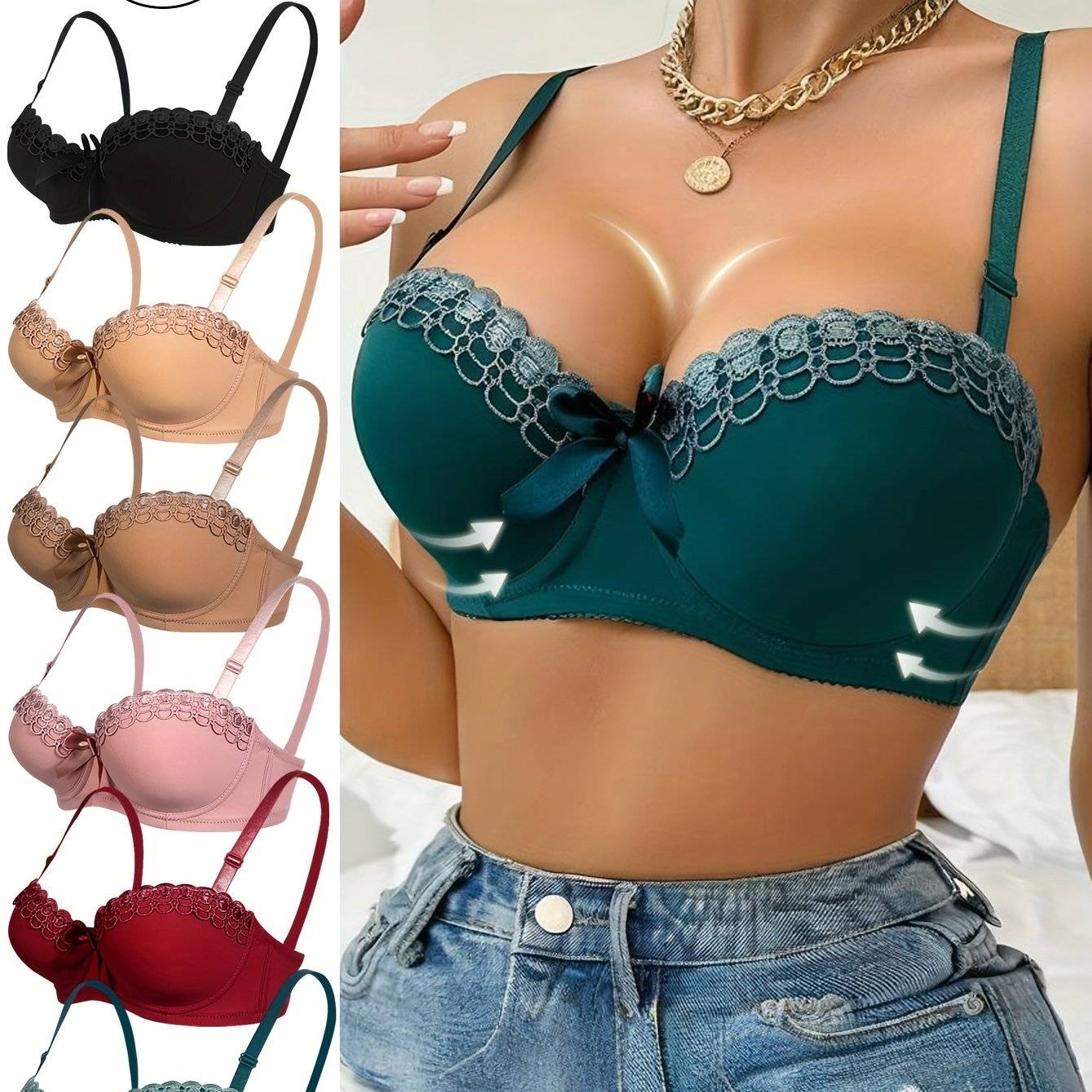 6-Pack Push-Up Bras for Women – Floral Embroidered, Underwire Support & Breathable Solid Colors