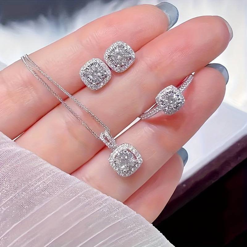 Women's 4-Piece Rectangular Zirconia Jewelry Set, Silver-Plated Earrings, Necklace and Ring, Elegant Luxury Gift for Weddings and Special Occasions