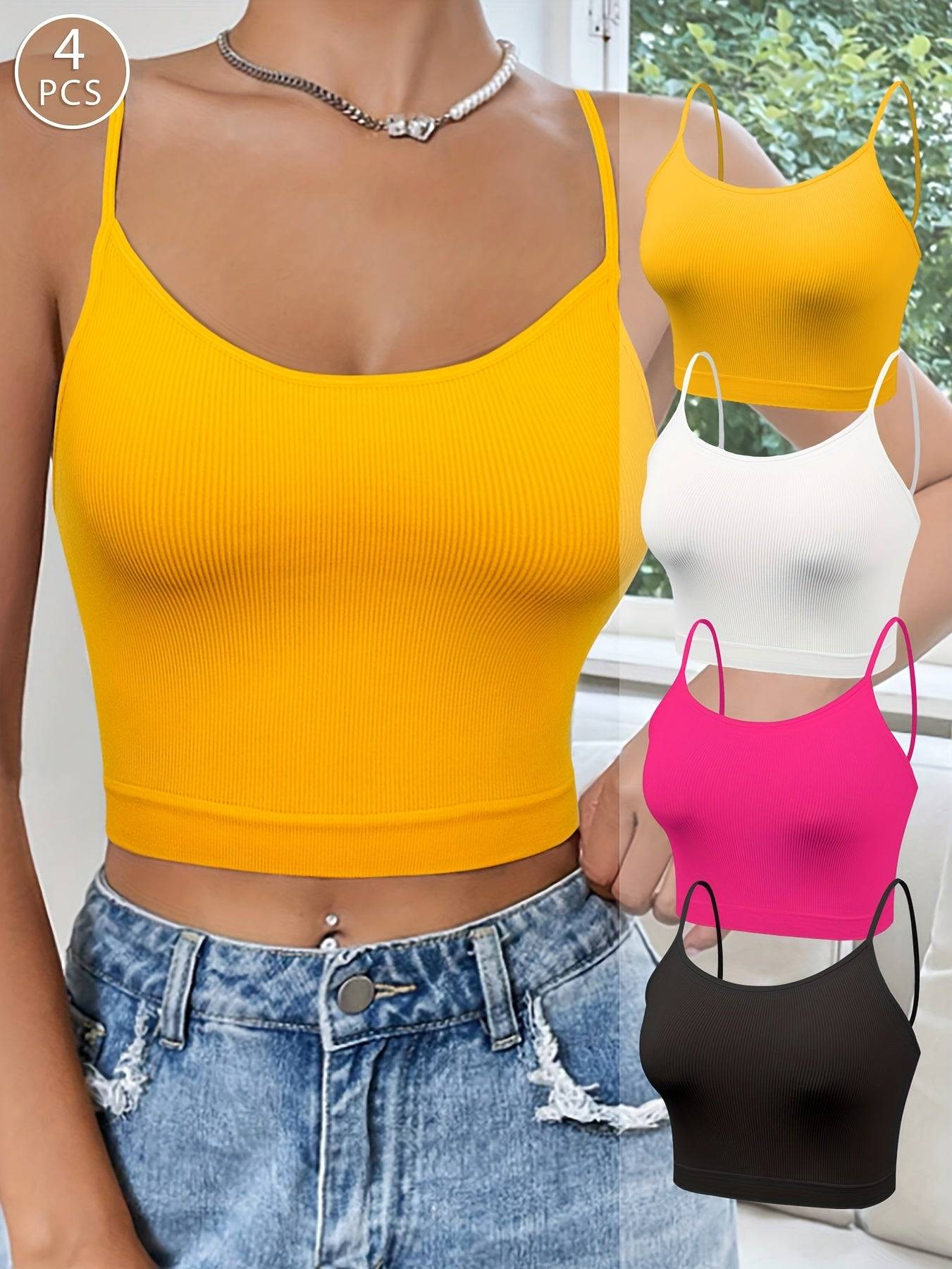 4-Pack Seamless Knit Tank Tops for Women – Soft Elastic Solid Color Camisoles for Spring, Summer & Fall