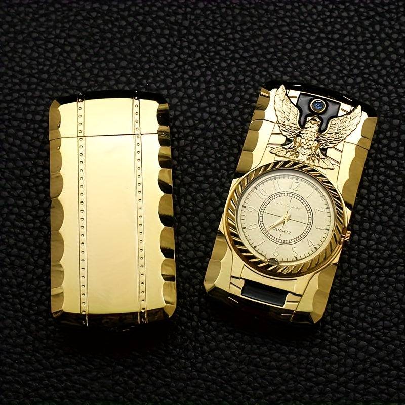 Retro Watch-Style Torch Lighter Windproof Refillable Metal Butane with Compass & Roman Numerals Golden Green Accents for Outdoor Use