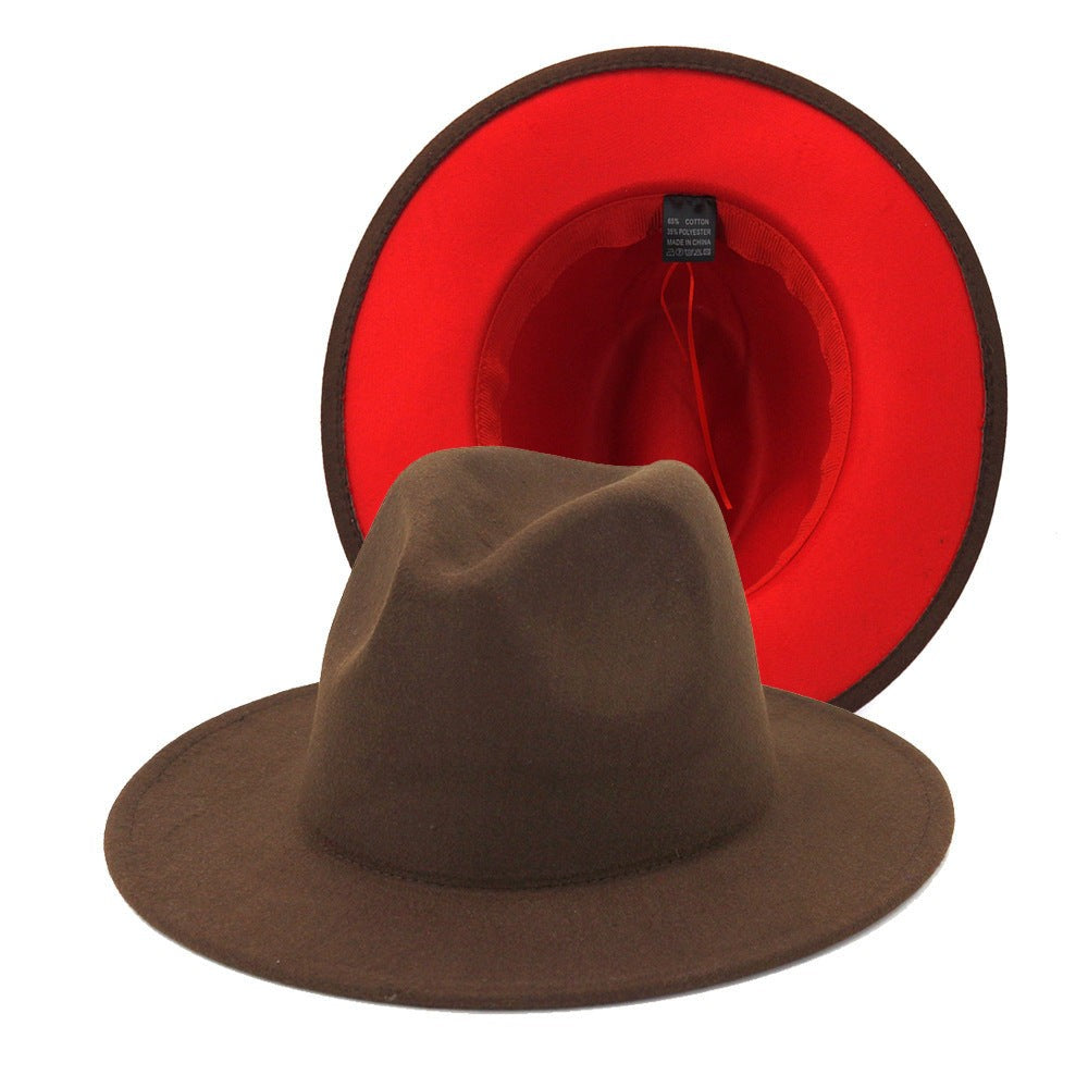 Unisex Fedora Hat Woolen Cotton Blend Double-Sided Color Matching Flat Brim Bell Crown Design