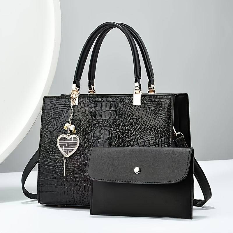 Women's Crocodile Pattern Shoulder Bag Elegant Faux Leather Messenger Purse for Daily & Evening Use