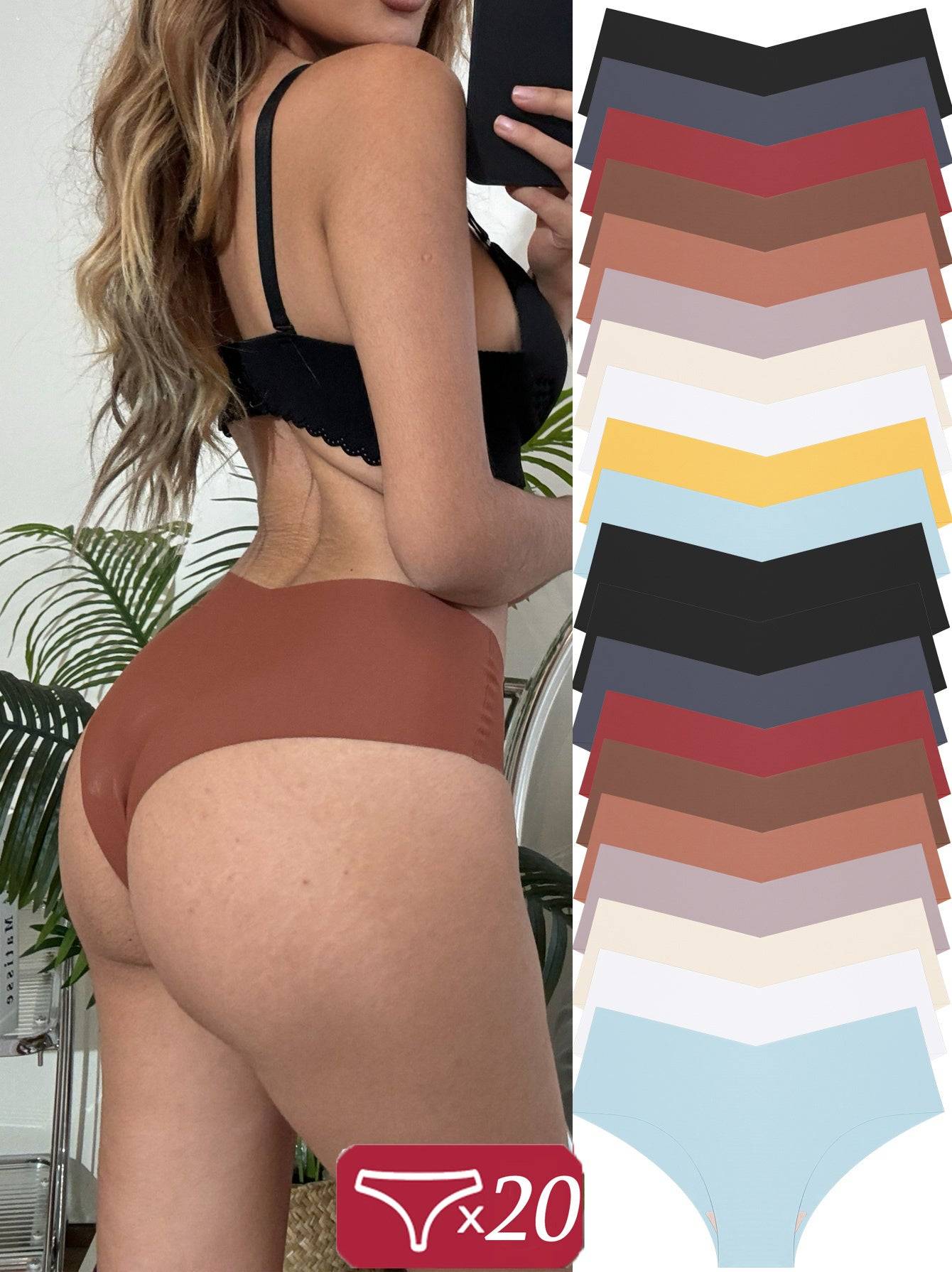 20-Pack Seamless Ice Silk Panties for Women – V-Cut, Drop Waist, Solid Colors, Medium Support
