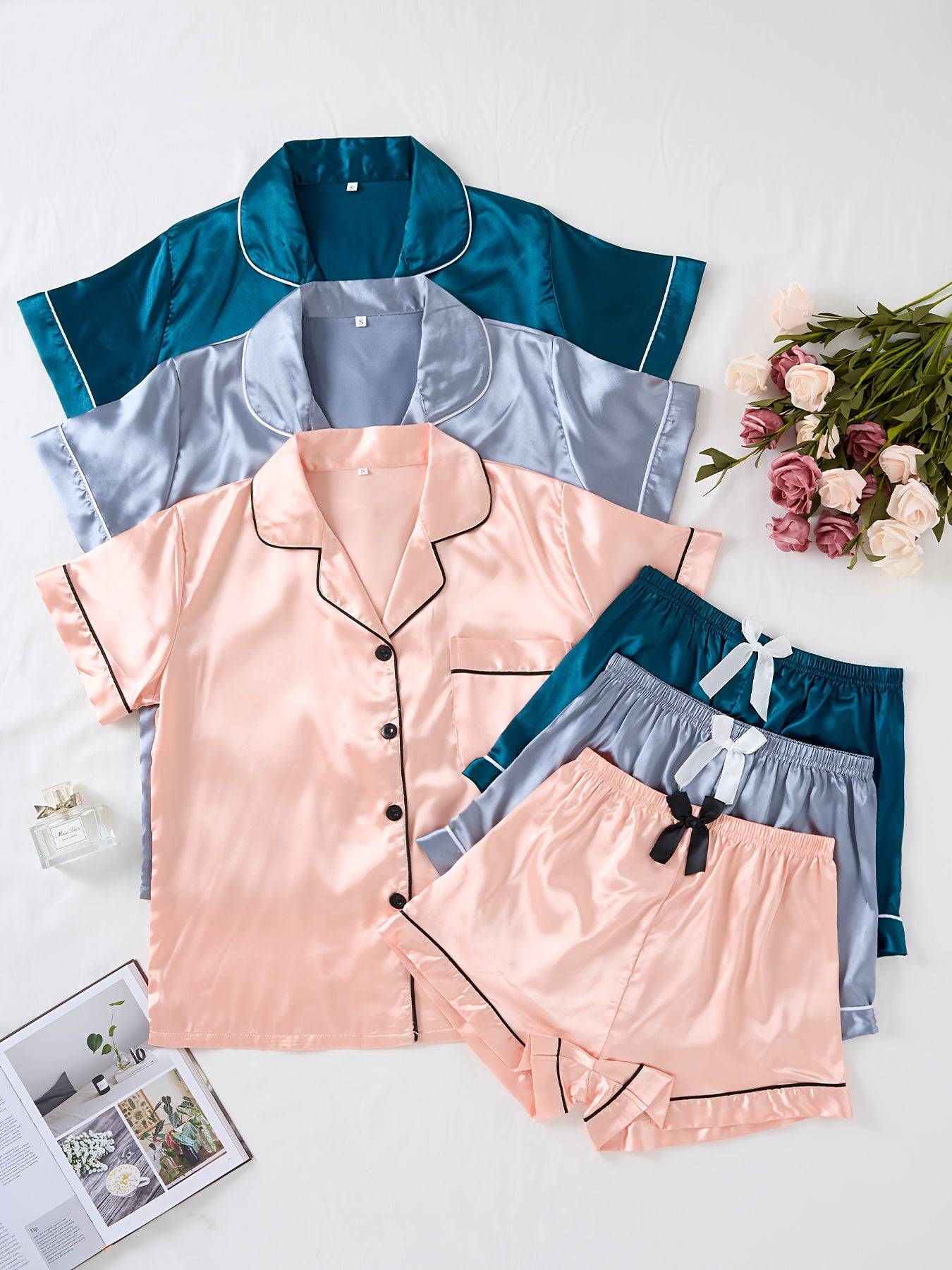 3-Piece Women's Satin Pajama Set – Short-Sleeve Lapel Top with Elastic Waist Shorts, Comfortable Loungewear for Home & Sleep