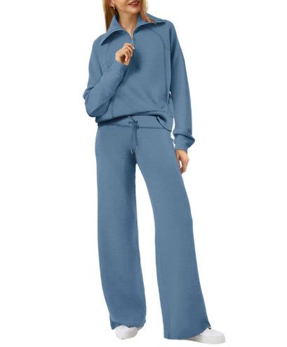 Two Piece Set Zip Sweatshirt Wide Leg Pants Suit