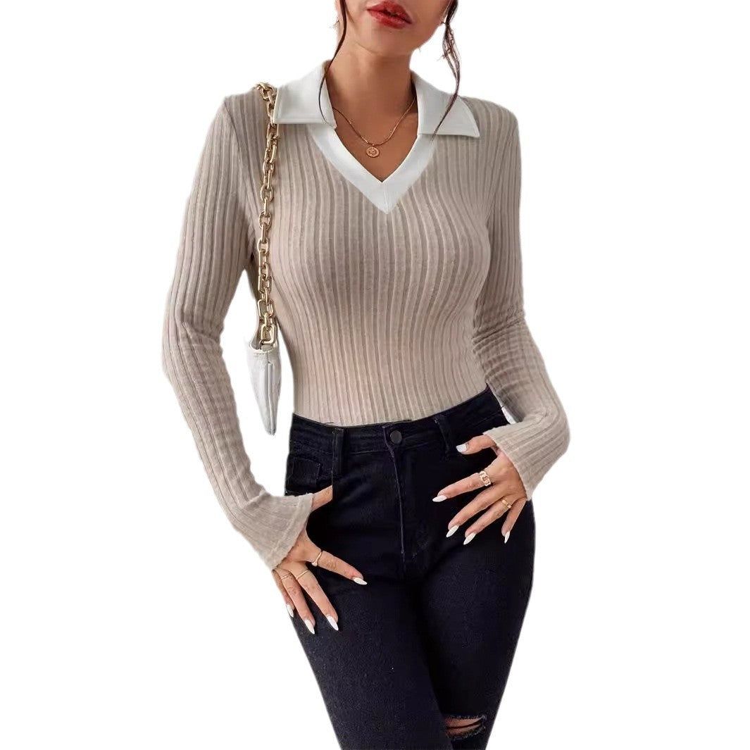 Womens Fitted V Lapel Long Sleeve Pullover Sweater Apricot