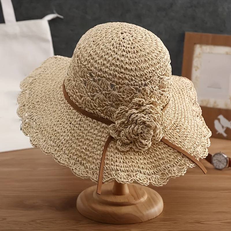 Women's breathable straw bucket hat with floral crochet detail, wide brim sun protection for outdoor and casual wear