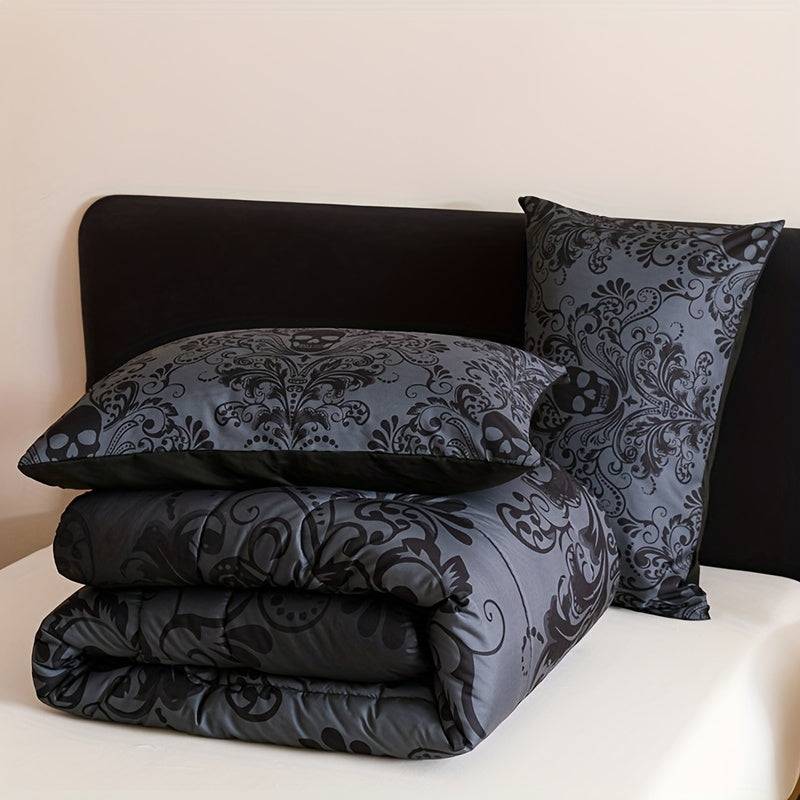 Gothic Skull Quilt Set 3-Piece – Black & Gray Baroque Comforter with Pillowcases, 180gsm Padded