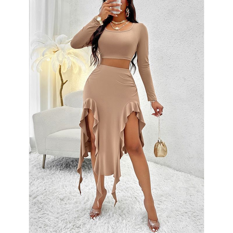 Women Square Neck Skirt and Top Set with Ruffle Trim