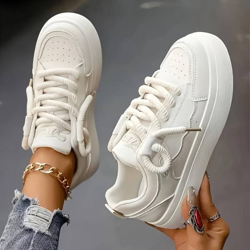 Women’s White Lace-Up Low-Top Sneakers – Thick Sole, Breathable Comfort, Fashion Casual Style