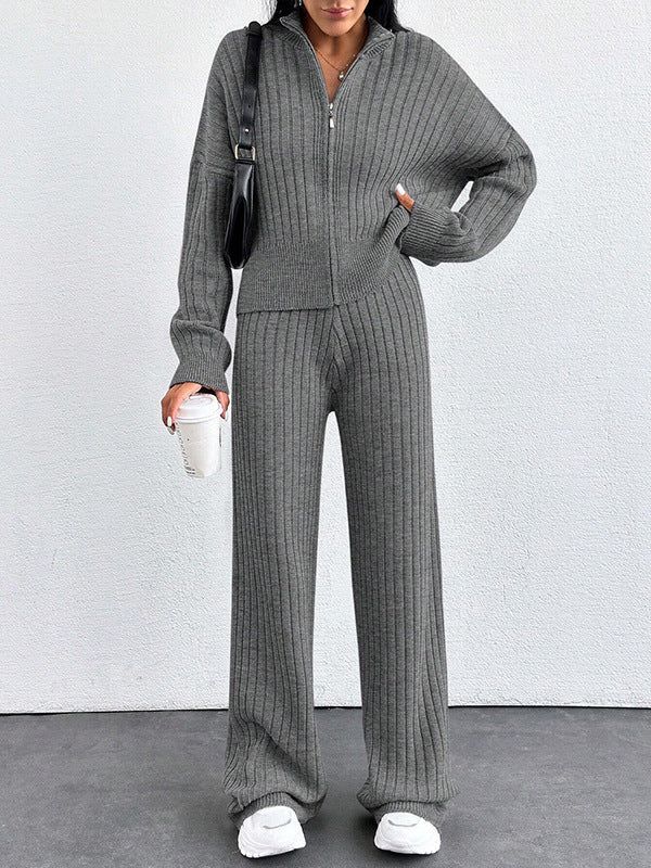 Women's Casual Two-Piece Set for Fall and Winter, Loose Fit Zip-Up Top and Pants
