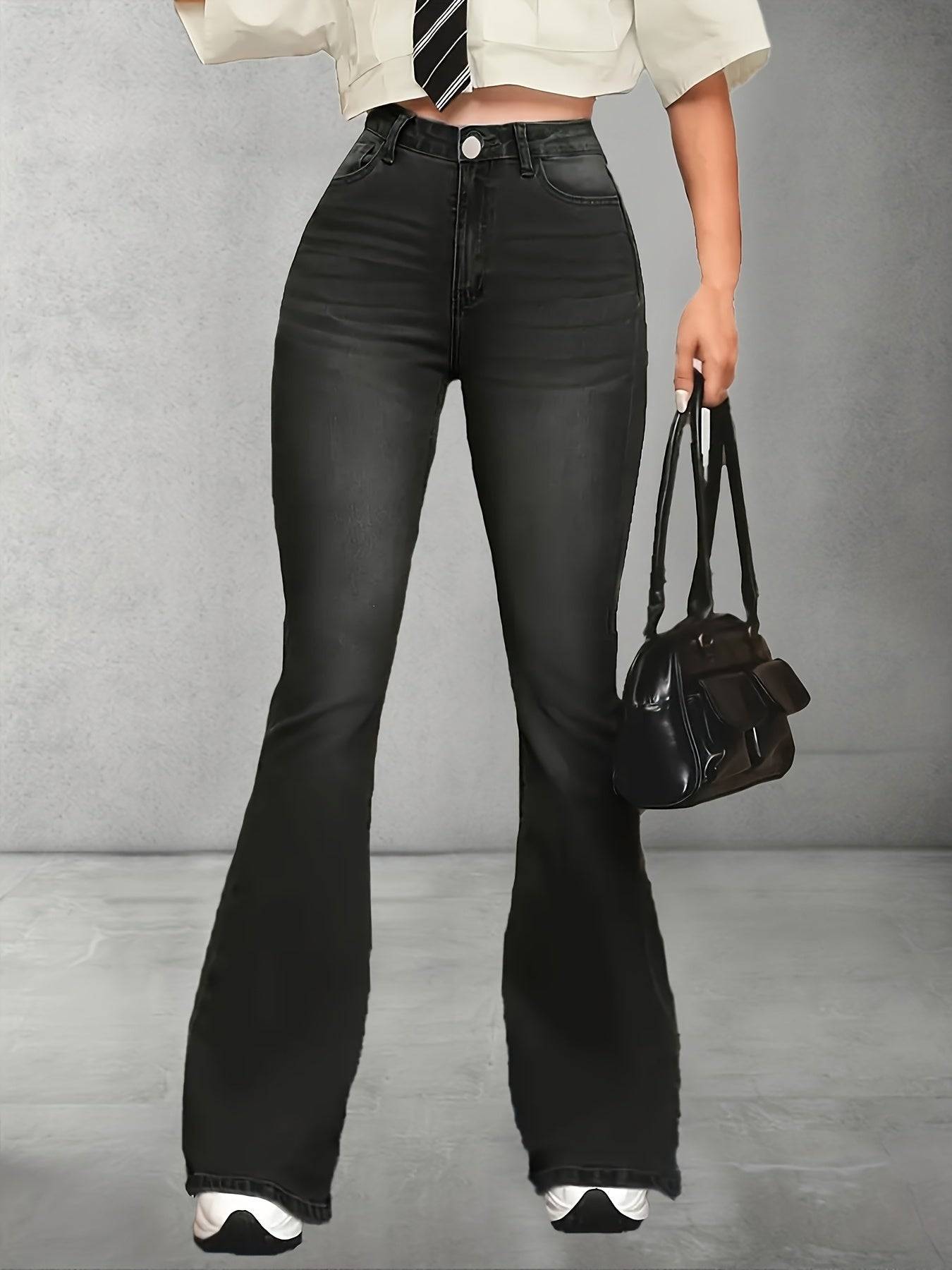 Women’s High-Waisted Flared Jeans Stretch Slim Fit in Black Vintage Style Lightweight Denim