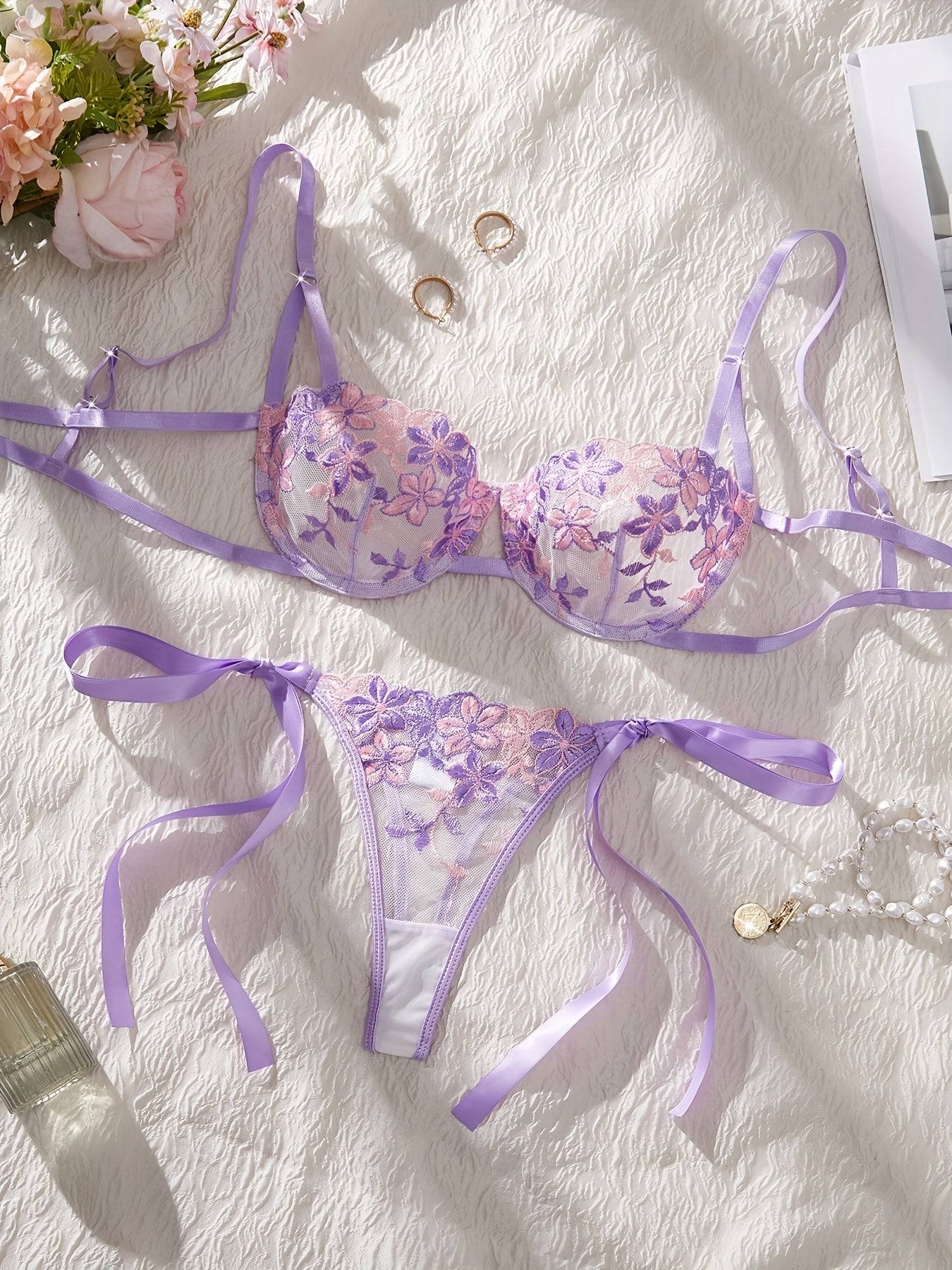 Women's Mesh Floral Embroidery Lingerie Set – Transparent Bra with Strap Design & Matching Underwear