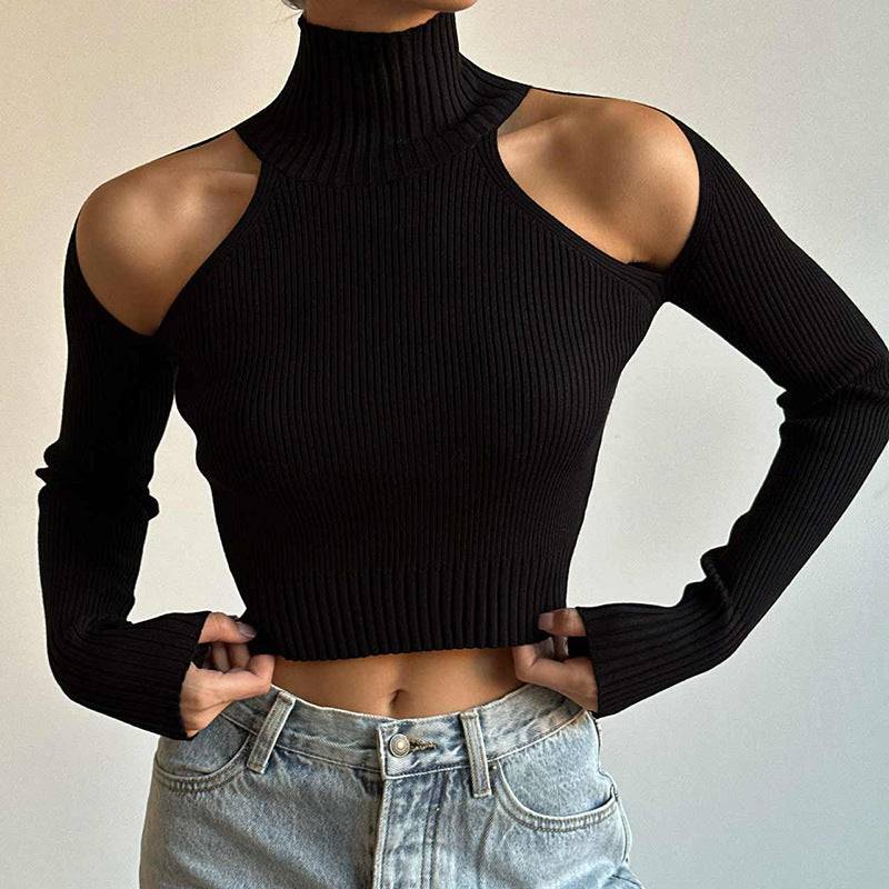 Women High Neck Long Sleeve T Shirt with Cut Out Design