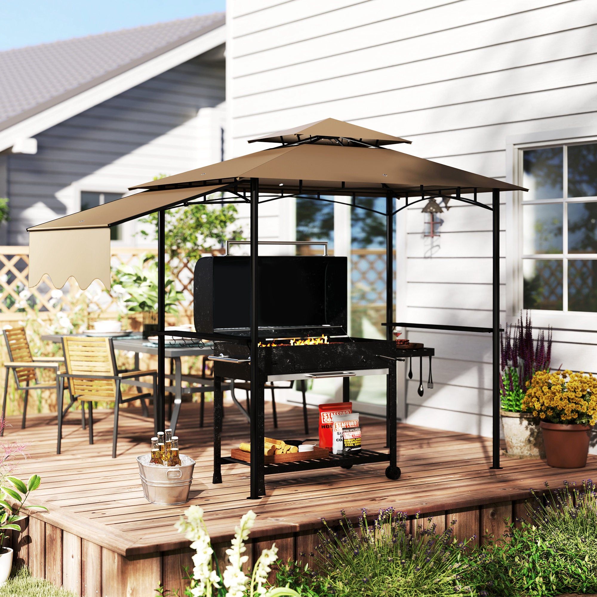 Outdoor Grill Gazebo With Double Roof And Side Shelves