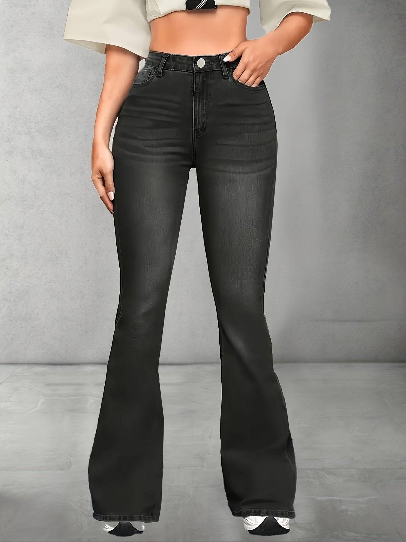 Women’s High-Waisted Flared Jeans Stretch Slim Fit in Black Vintage Style Lightweight Denim