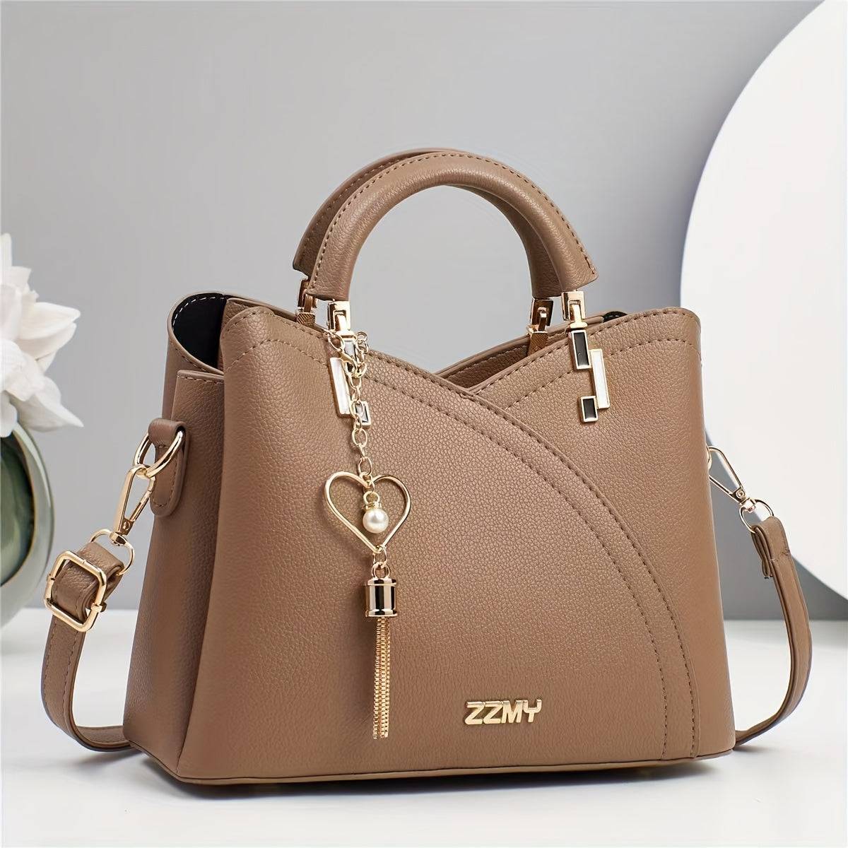 Elegant Women's Shoulder Bag with Heart Charm Lychee Texture Crossbody Strap & Magnetic Closure